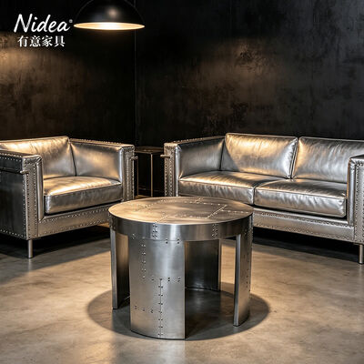 Aviador Industrial Mesa de café de alumínio e tabela de ponta Conjunto de tambor de metal remendado Mesas de acento Mobiliário de sala de estar feito à mão Durável